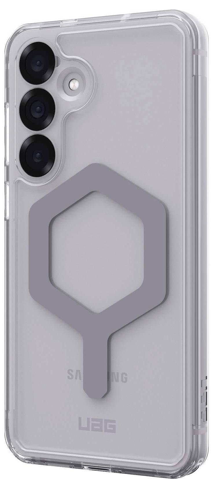 Transparente Smartphone-Hülle mit drei Kameralöchern. Auf der Rückseite ist ein graues, sechseckiges Symbol angebracht.