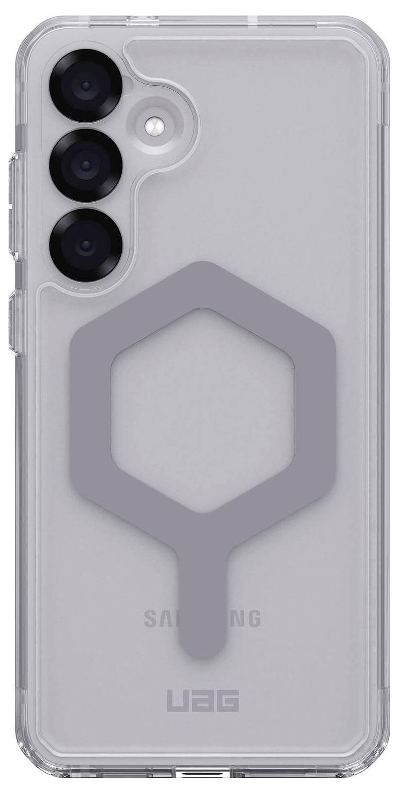 Klares Smartphone-Hülle-Design mit drei Kameralinsen und Hexagon-Muster, geeignet für technischen Schutz und Stil.