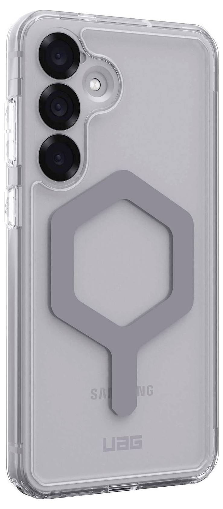 Ein Smartphone mit durchsichtigem Gehäuse und einem grauen, sechseckigen Haltering auf der Rückseite.