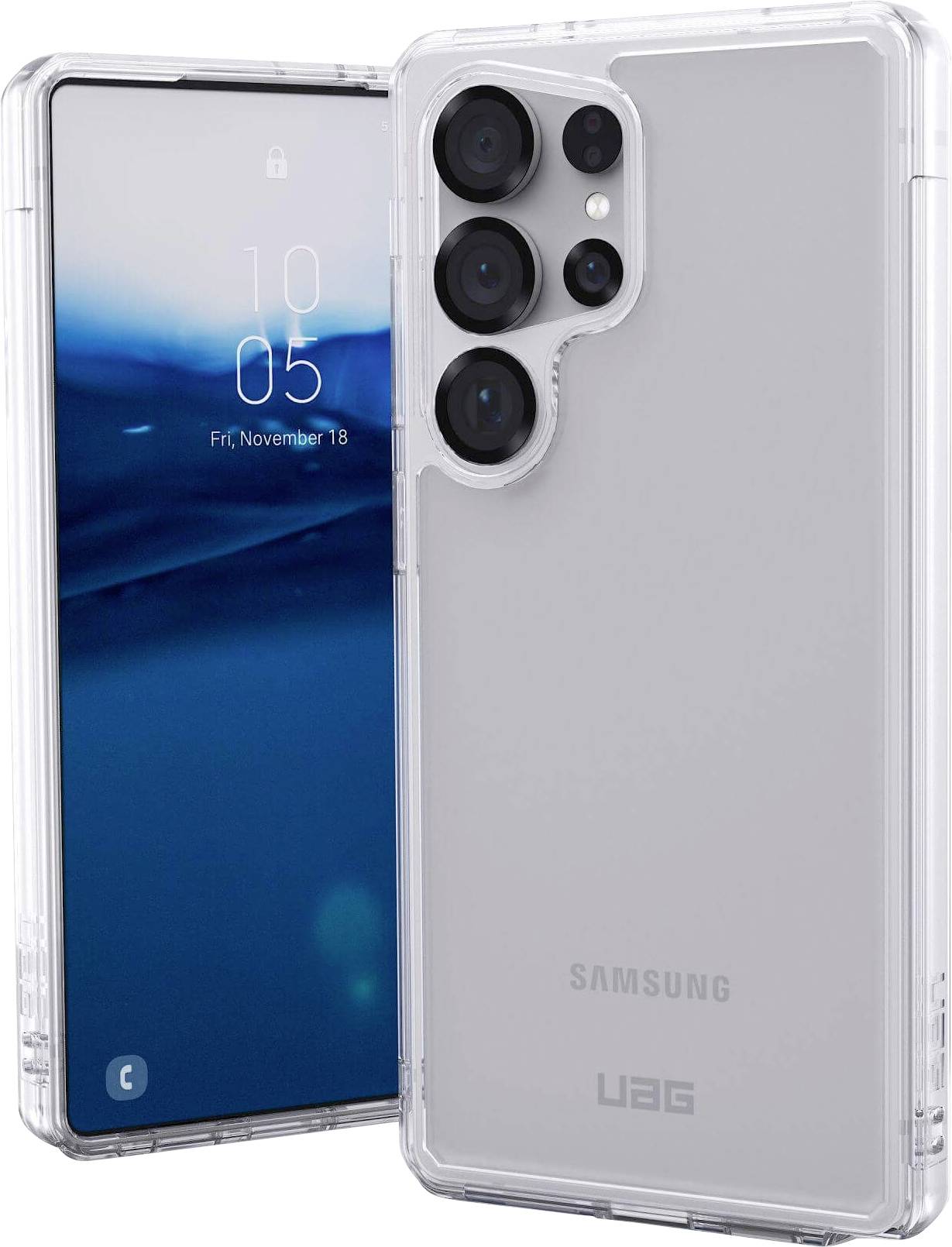 Eine transparente Handyhülle schützt ein Samsung-Smartphone, das ein Datum am Bildschirm anzeigt.