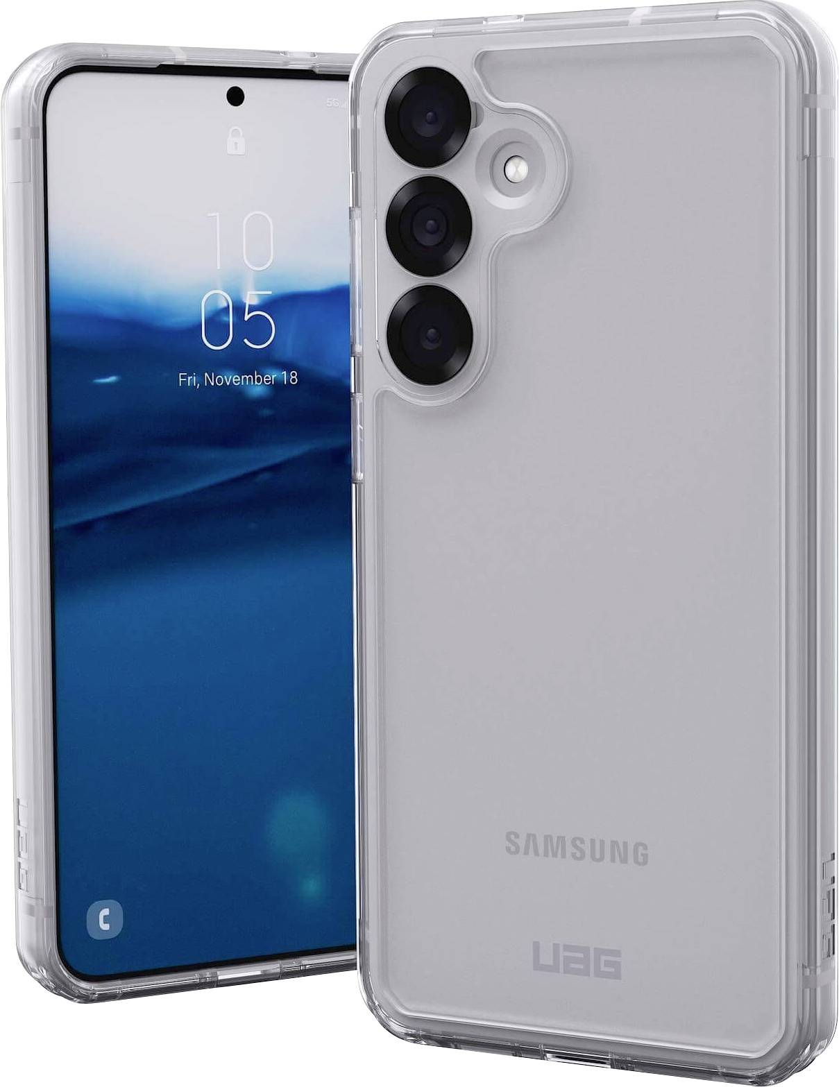 Ein Smartphone in einer durchsichtigen UAG-Schutzhülle. Das Display zeigt Datum und Uhrzeit. Die Rückseite hat drei Kameralinsen.