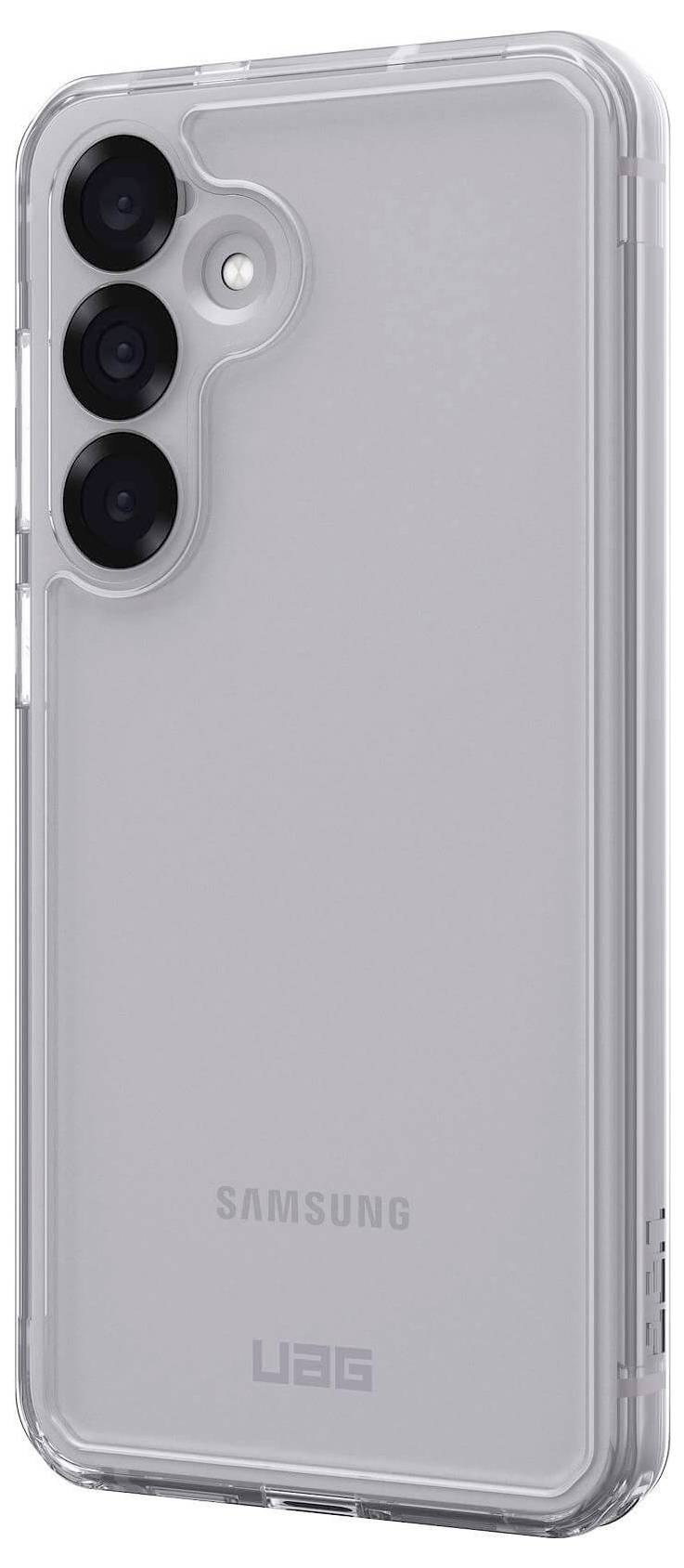 Ein transparentes Handy-Case schützt ein Smartphone mit drei Kameralinsen. Das Logo der Marke 'UAG' ist unten aufgedruckt.