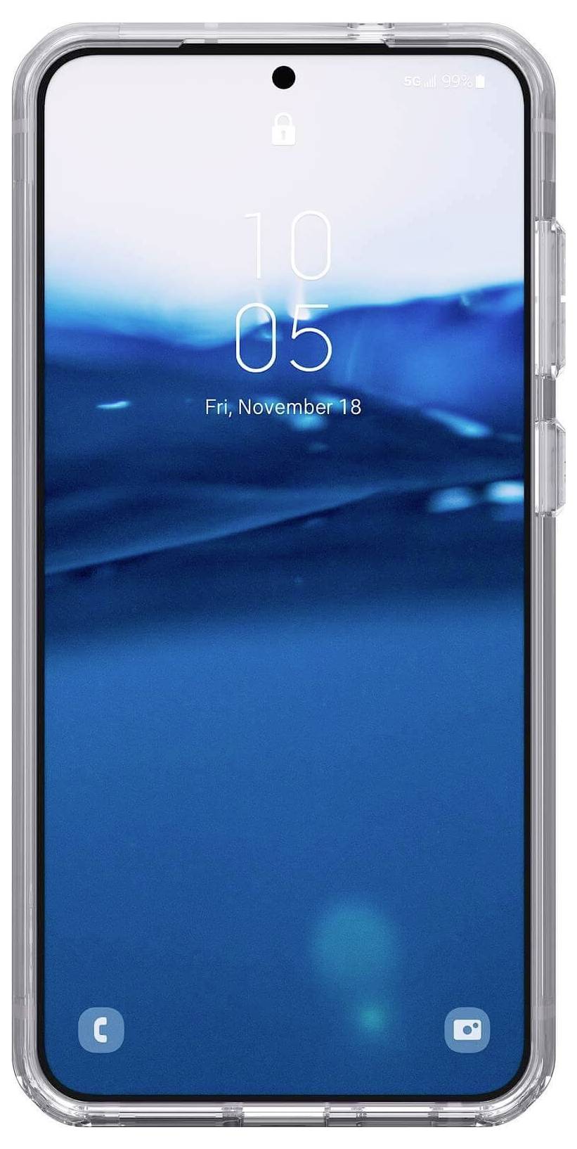 Smartphone mit blauem Wasser-Hintergrund auf dem Startbildschirm. Das Datum zeigt 'Freitag, 18. November'.