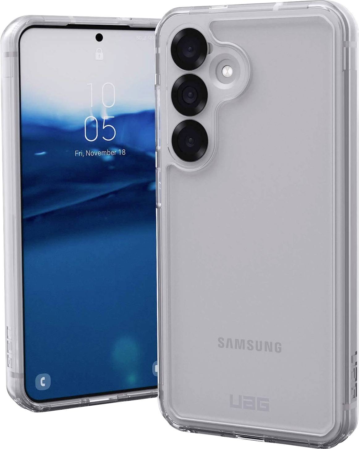 Zwei Samsung-Smartphones mit durchsichtigem UAG-Schutzgehäuse; eines zeigt das Display, das andere die Rückseite mit drei Kameras.