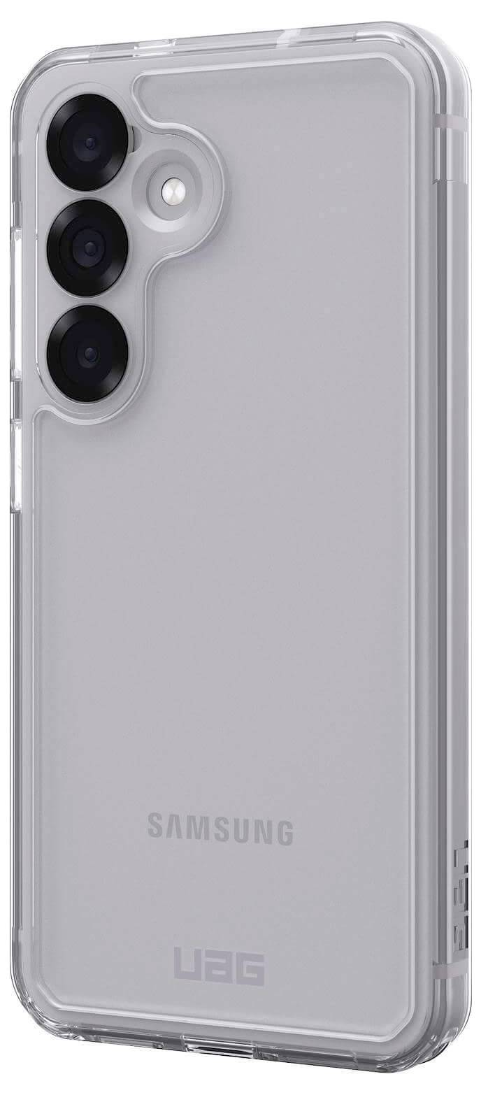 Ein Samsung-Smartphone mit drei Kameralinsen und einer transparenten Schutzhülle von UAG, Rückseiteansicht.