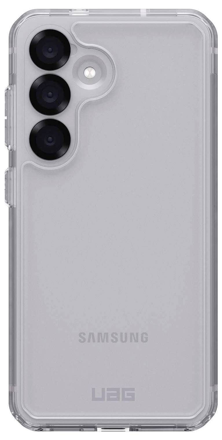 Handy mit durchsichtigem UAG-Schutzgehäuse. Sichtbare drei Kameras und Samsung-Logo auf der Rückseite.