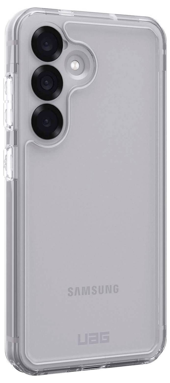 Durchsichtige Schutzhülle für ein Smartphone mit drei Kameralinsen auf der Rückseite, markiert mit 'SAMSUNG' und 'UAG'.