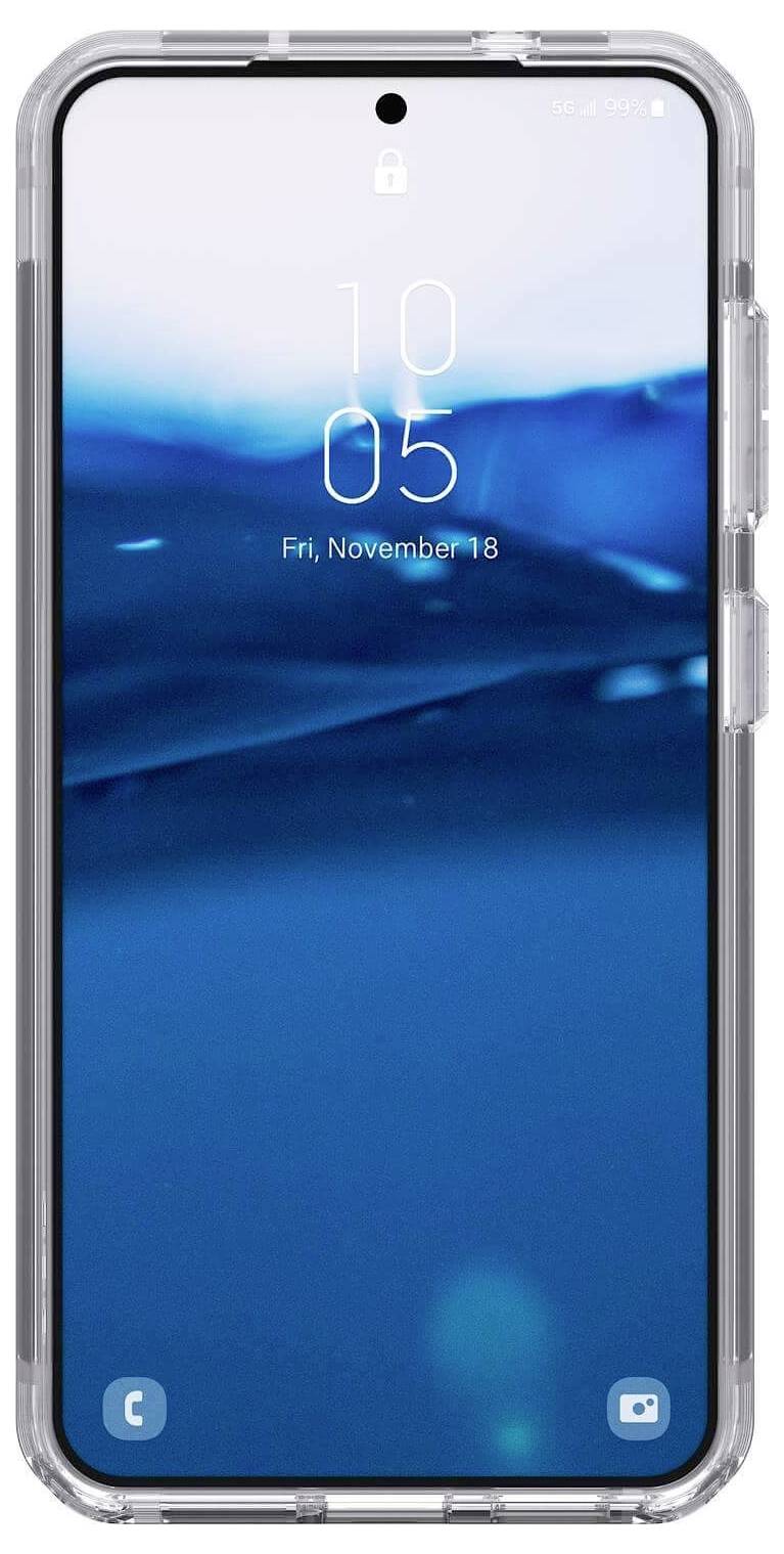 Ein Smartphone mit durchsichtiger Hülle zeigt einen blauen Wasserhintergrund und die Uhrzeit '10:05' an. Datum ist 'Freitag, 18. November'.