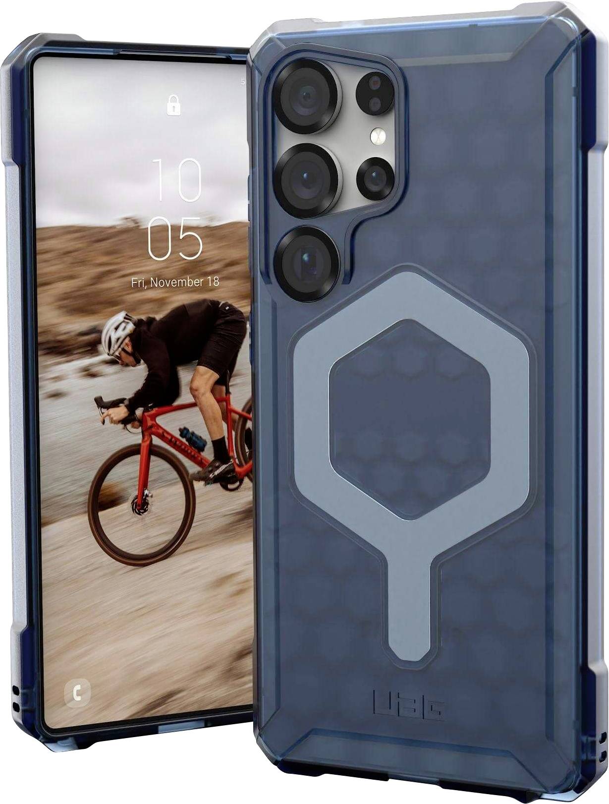Smartphone mit blauem Schutzgehäuse. Auf dem Bildschirm ist ein Biker in bergiger Landschaft zu sehen. Datum: Freitag, 18. November.
