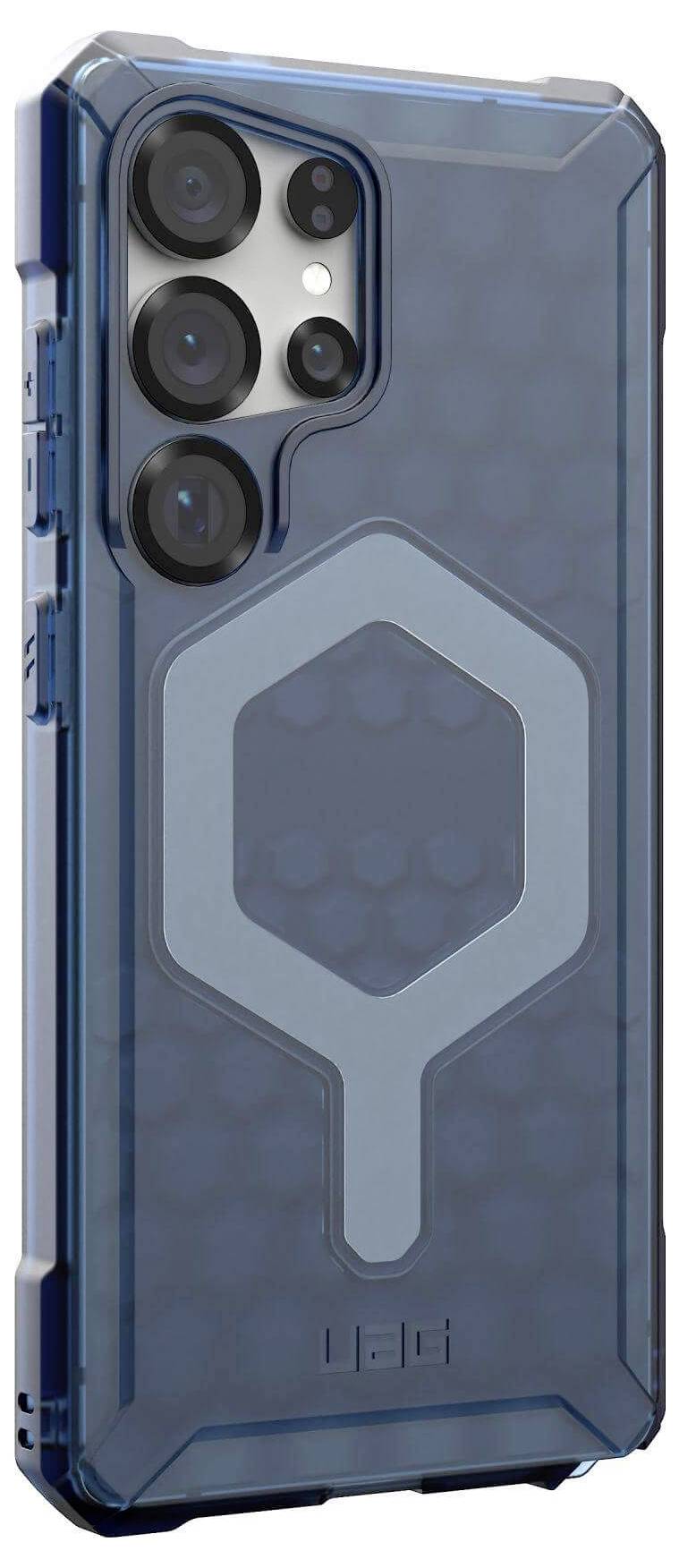 Ein blaues Handycase mit hexagonalem Muster und vier Kameraausschnitten, passend für ein modernes Smartphone.