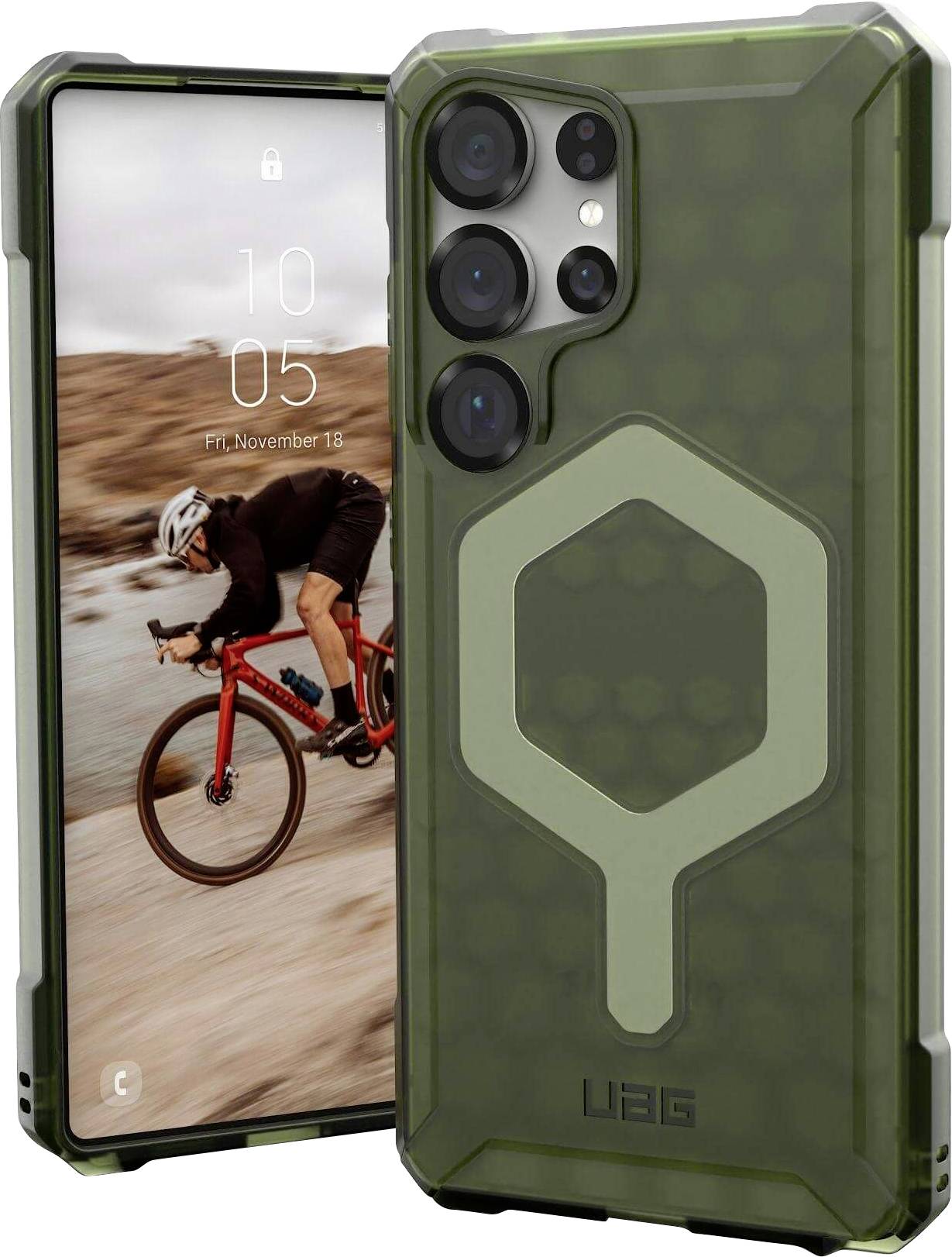 Ein grünes Smartphone mit robuster Schutzhülle zeigt das Display mit einem Radfahrer auf einer steinigen Strecke und die Hülle in Nahaufnahme.