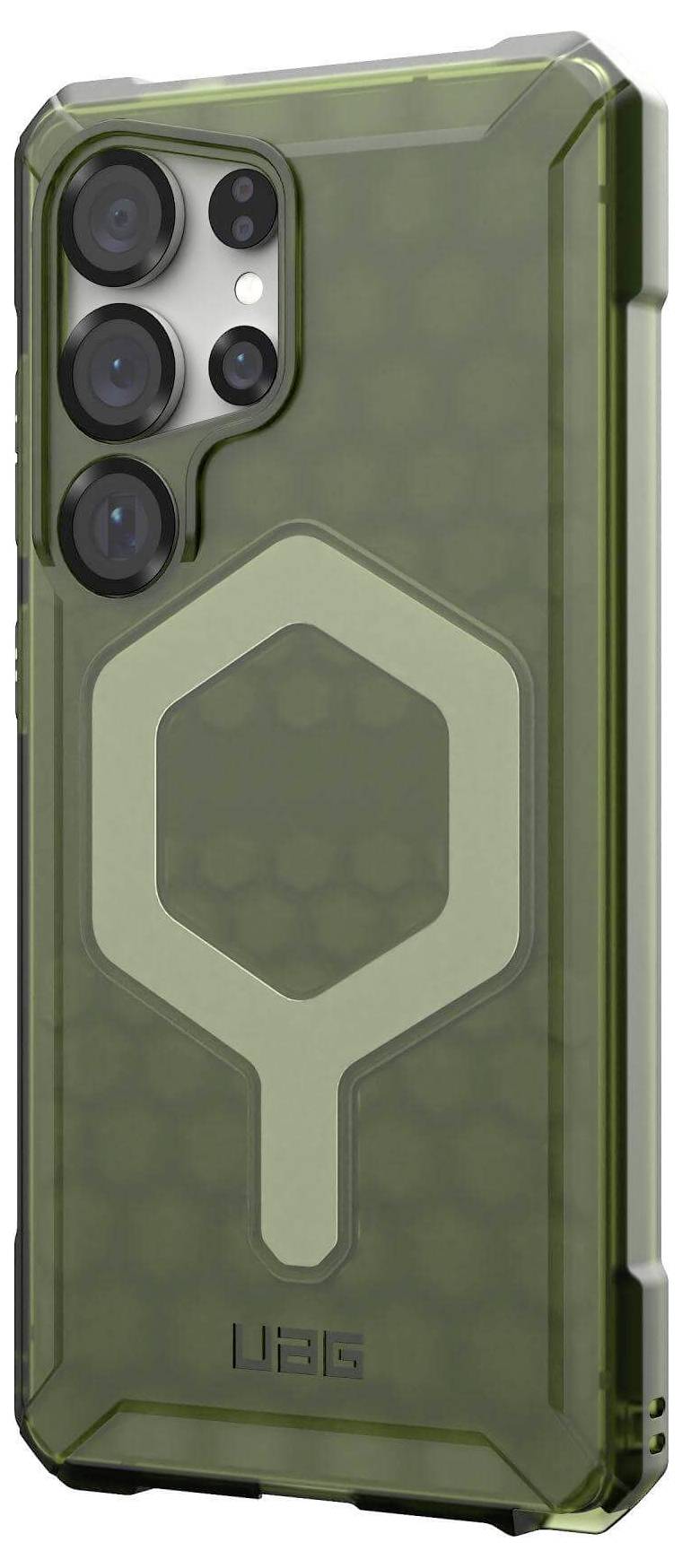 Grünes Handyhülle mit robustem Design und erhabenem geometrischem Muster. Schützt die Rückseite eines Smartphones mit drei Kameralinsen.