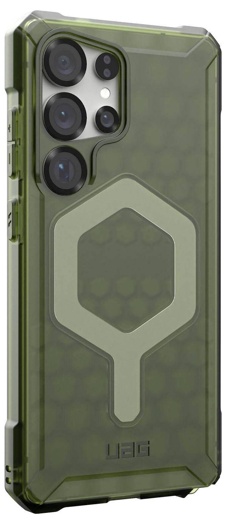 Ein grünes Handycase mit einem sechseckigen Design um die Rückkamera. Es bietet robusten Schutz mit verstärkten Ecken.