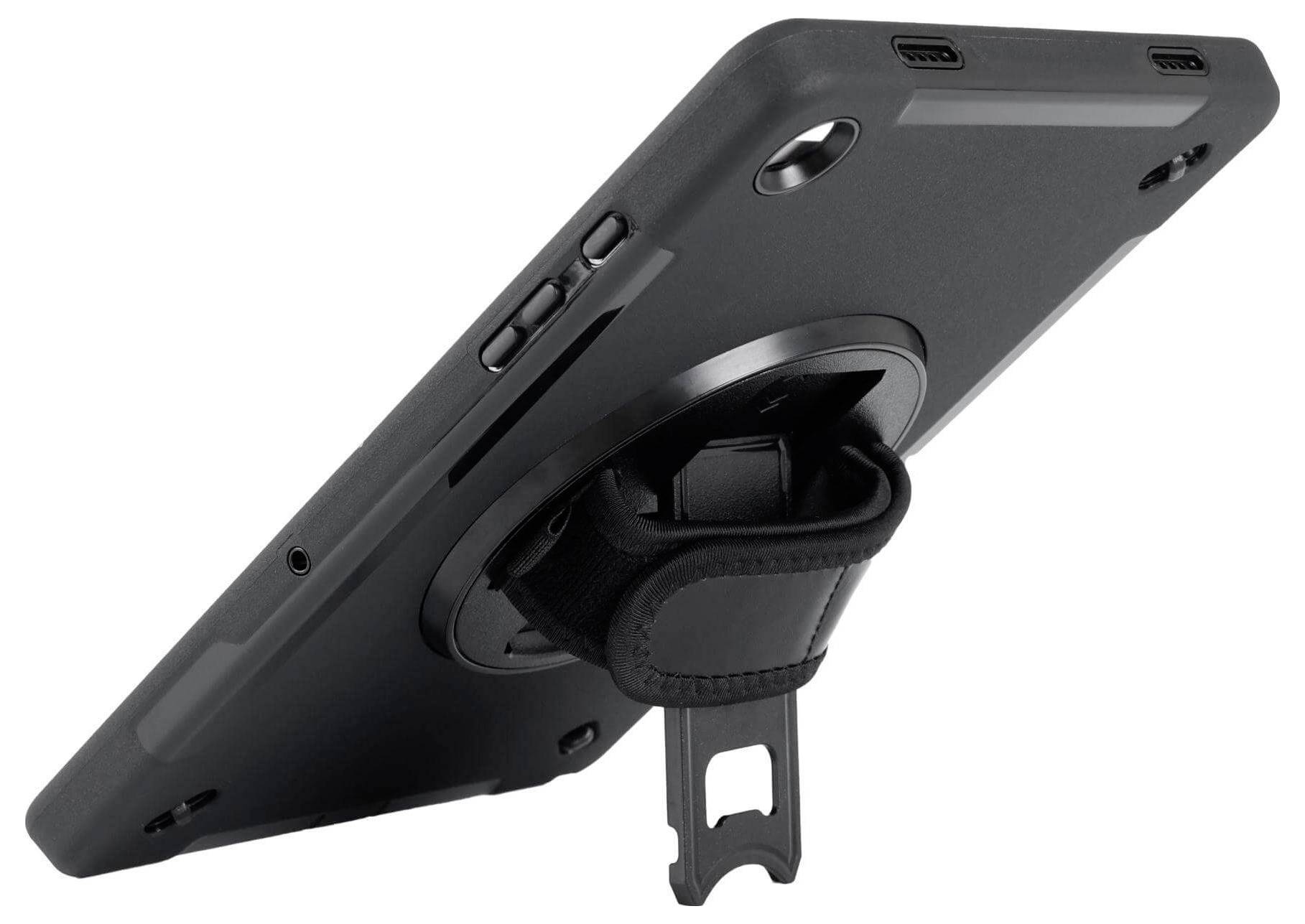 Tablet in schwarzem Gehäuse mit einer Halterung auf der Rückseite, stehend auf einem Tisch, seitlich betrachtet.