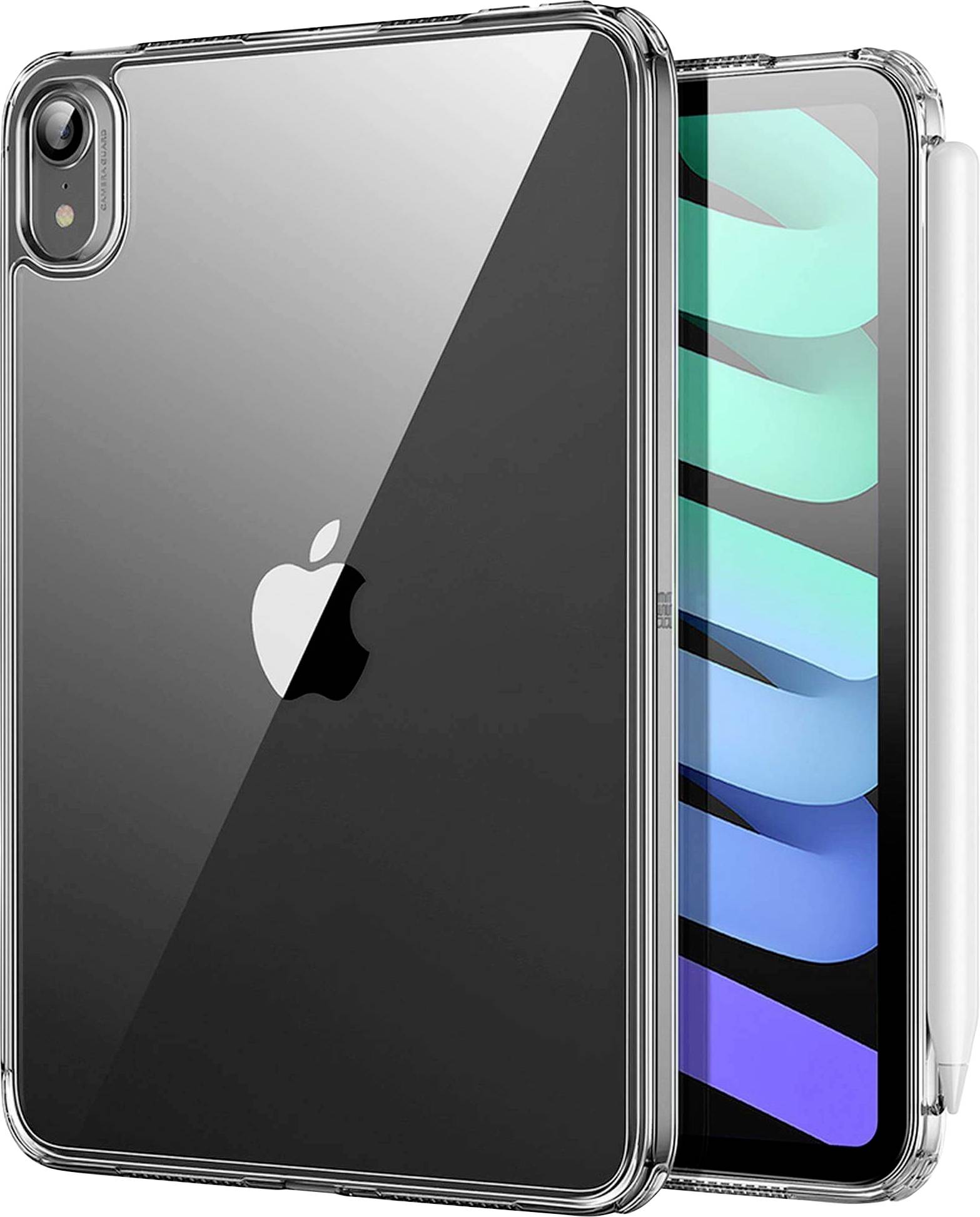 Klares Smartphone-Case mit sichtbar platziertem weißen Apfel-Logo auf der Rückseite, daneben ein Tablet mit Farbdisplay und Stift.