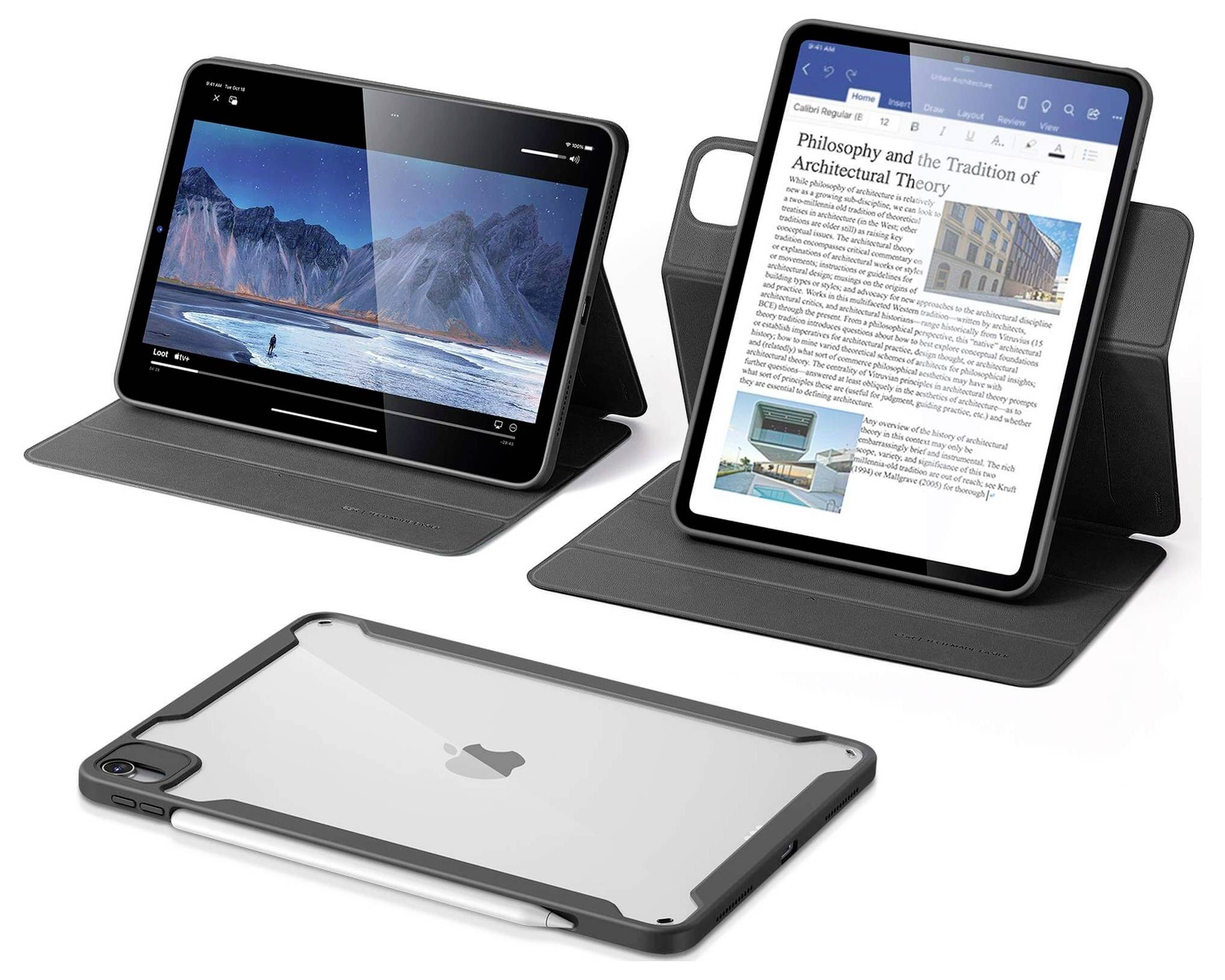 Zwei Tablets stehen in Schutzhüllen, eines zeigt eine Landschaft, das andere einen Text. Im Vordergrund liegt eine transparente Tablet-Hülle.