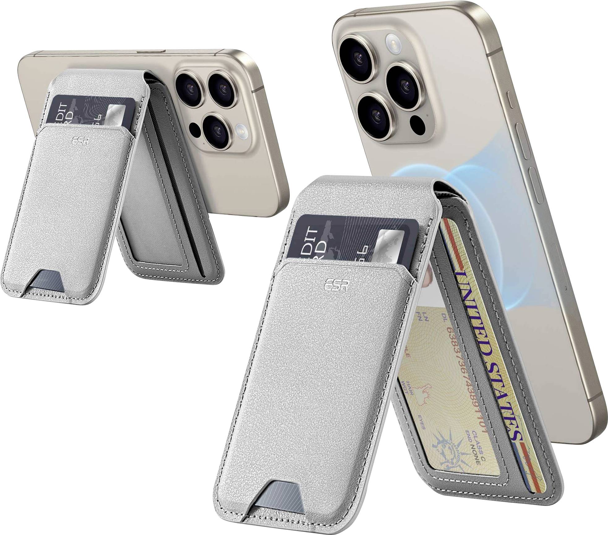 Szene mit zwei Smartphones, die mit magnetischen Kartenhaltern gekoppelt sind. Halter halten Kreditkarten und Ausweis, leicht abnehmbar.