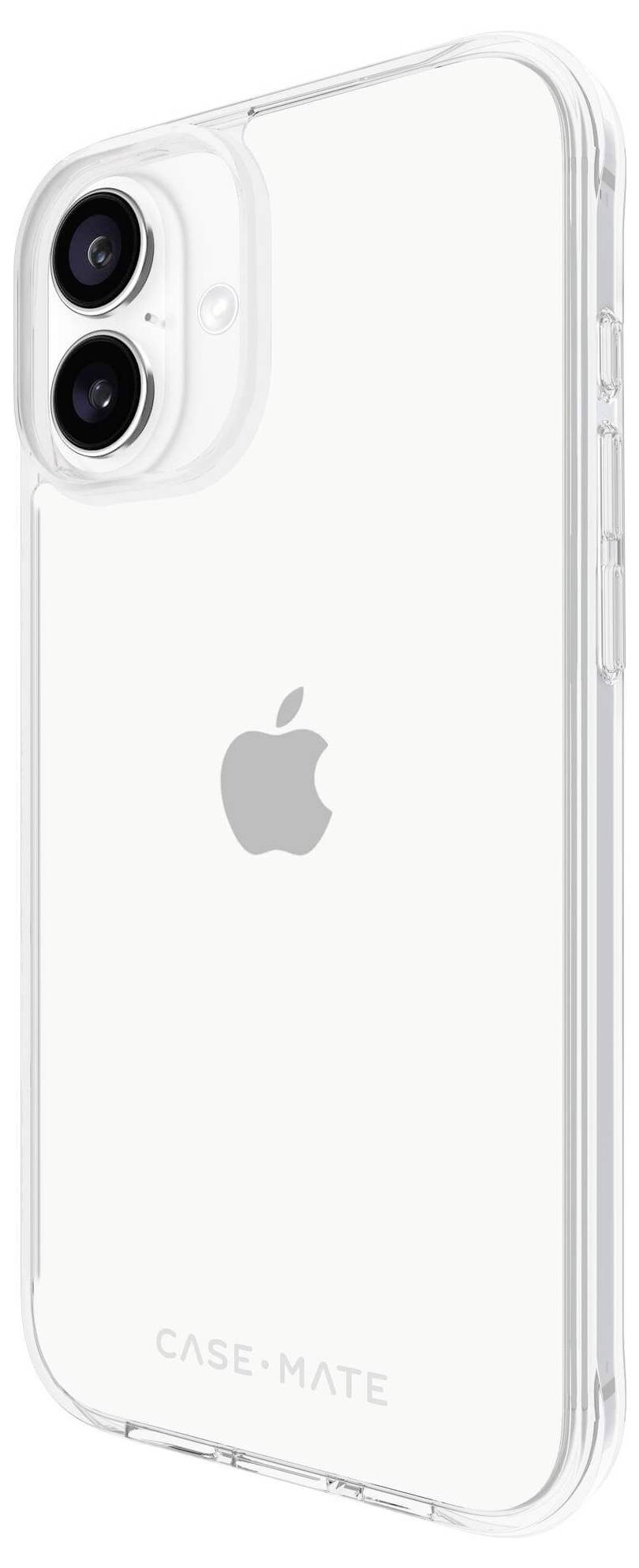 Transparente Handyhülle mit Kameralöchern für ein iPhone, zeigt das Apple-Logo auf der Rückseite.