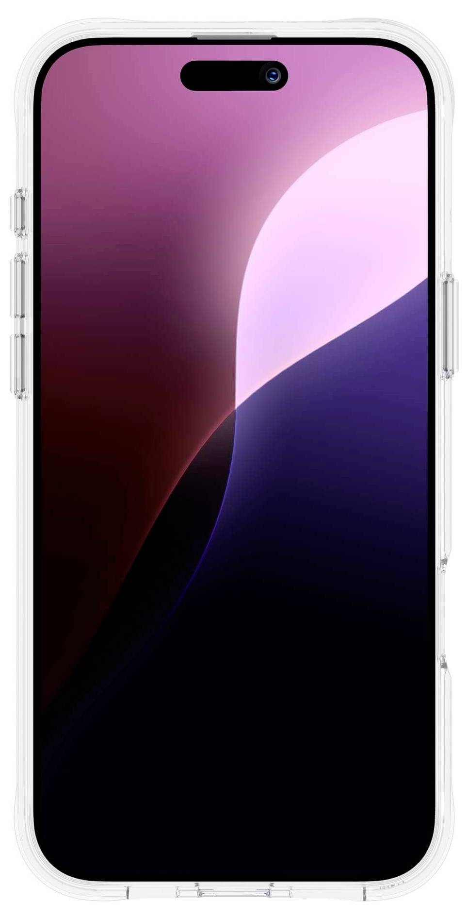 Smartphone mit modernem Design, abgerundete Ecken, großes Display, dunkler Bildschirm mit rosa und lila Lichtreflexionen.