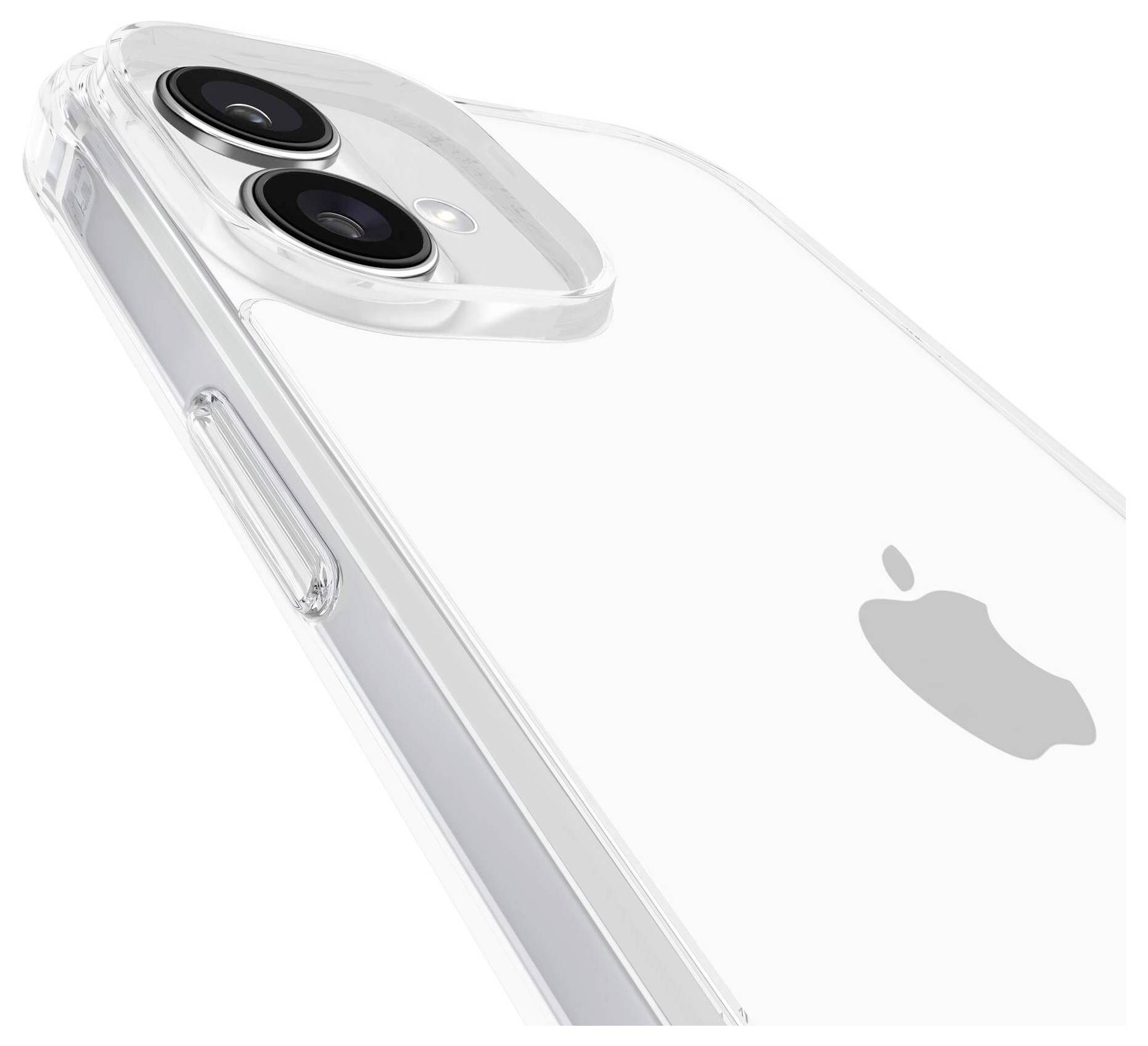 Durchsichtige Smartphone-Hülle zeigt Rückseite eines Smartphones mit Kameralinsen und Logo.