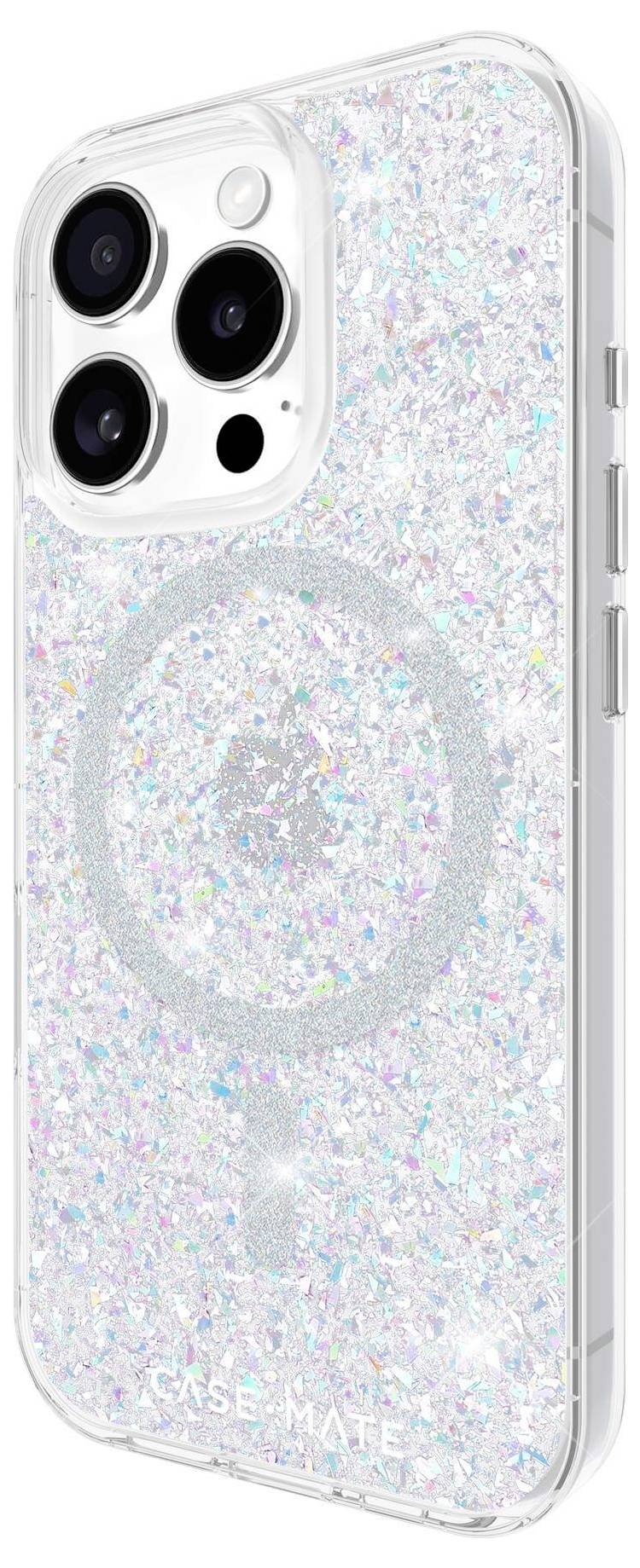 Klares Smartphone-Hülle mit glitzerndem Glitzerdesign, das die Rückseite eines Mobiltelefons mit drei Kameras zeigt.