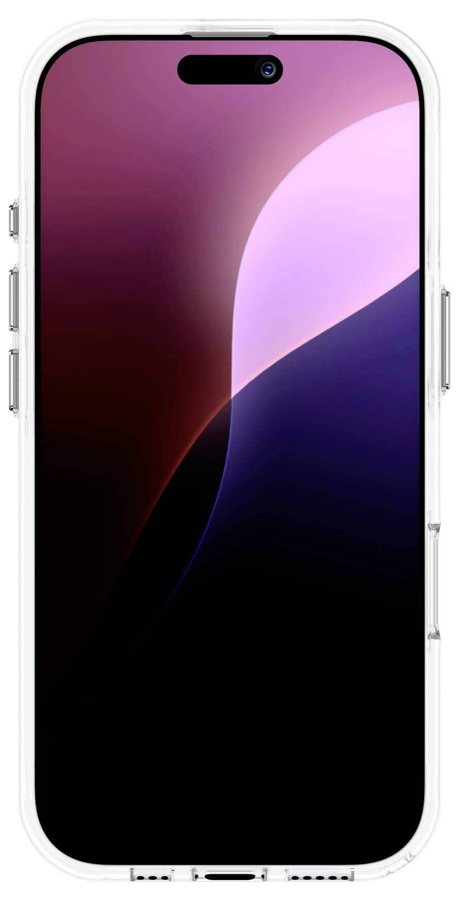 Smartphone mit dunklem, farbenfrohen Hintergrund auf dem Display, in einer transparenten Hülle.