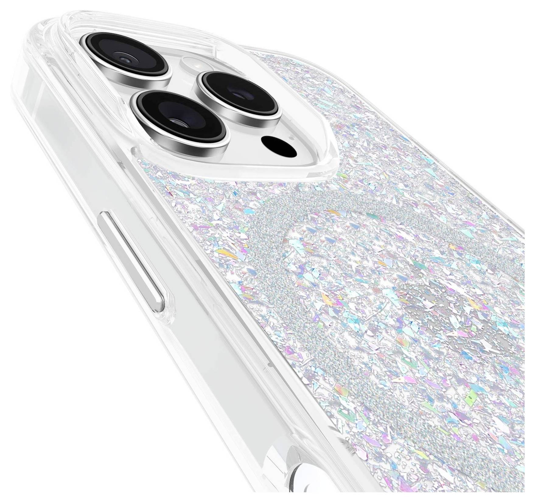 Funkelnde Handyhülle mit silbernen Glitzerakzenten für ein Smartphone, zeigt die Rückseite mit drei Kameraobjektiven.