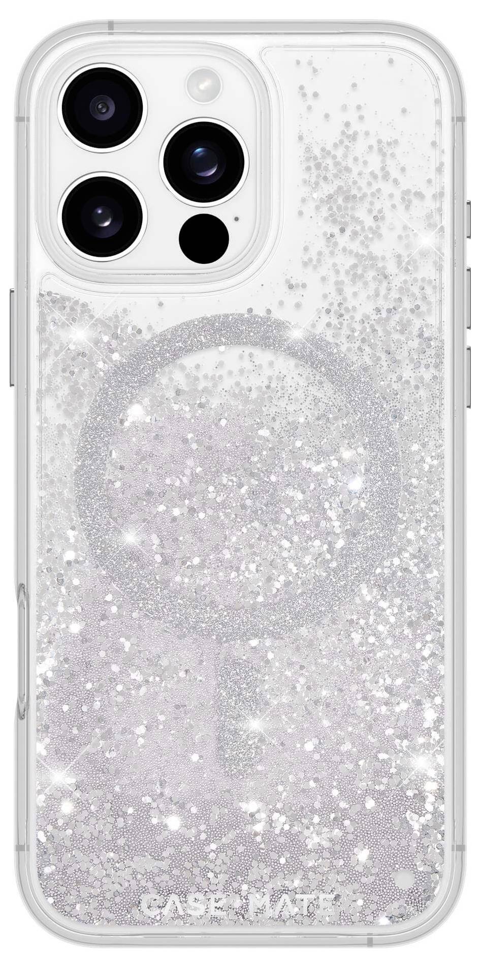 Handyhülle mit silbernen Glitzerpartikeln und durchsichtigem MagSafe-Ring, geeignet für ein aktuelles Smartphone-Modell.