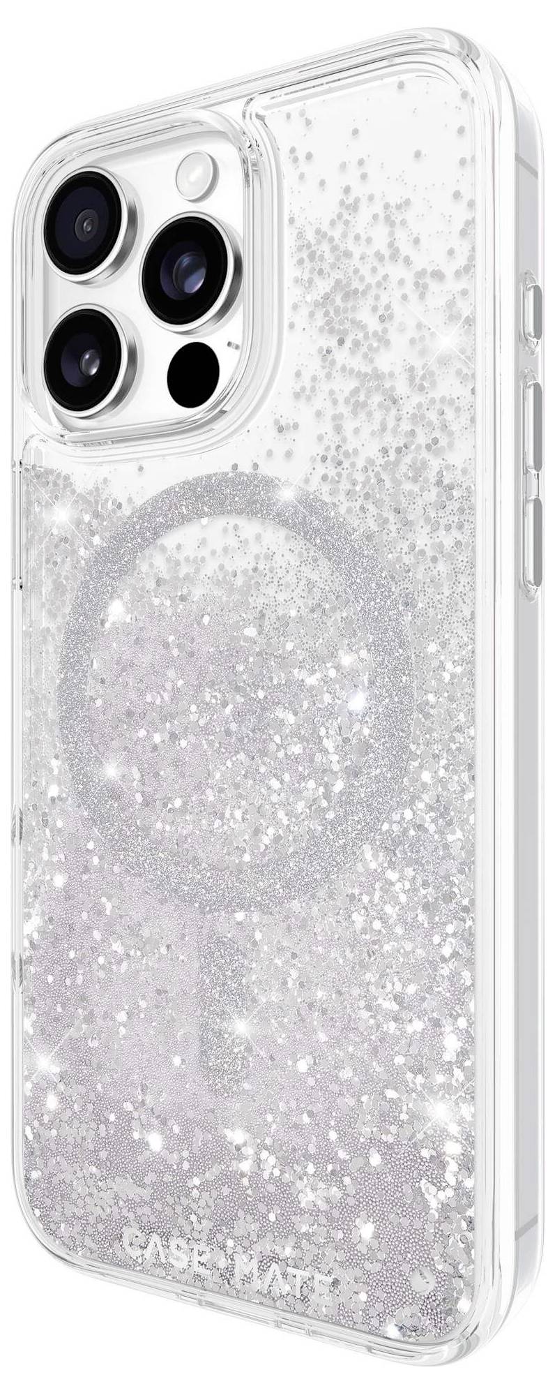 Durchsichtiges Handyhülle mit Glitzer für ein Smartphone, das drei Kameralinsen aufweist. Das Hülle hat einen kreisförmigen Magneten.