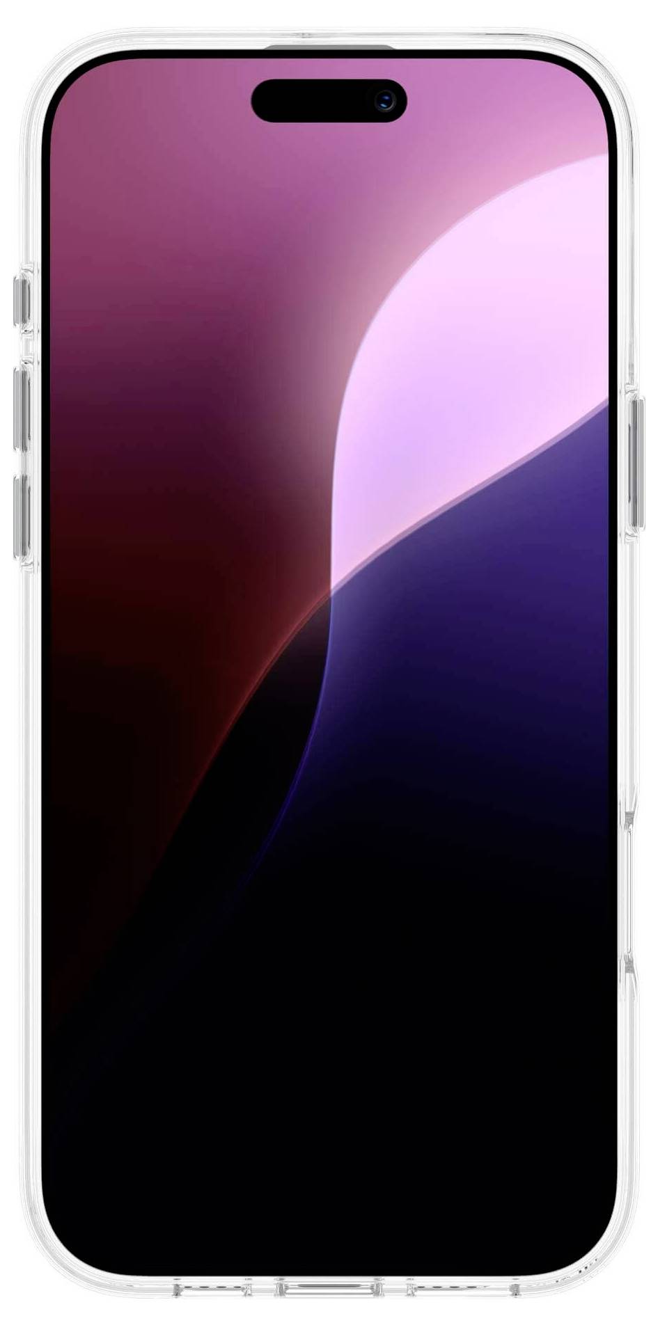 Smartphone mit schwarzem Bildschirm und transparentem Gehäuse. Der Bildschirm zeigt einen Verlauf von Rosa bis Dunkelrot.