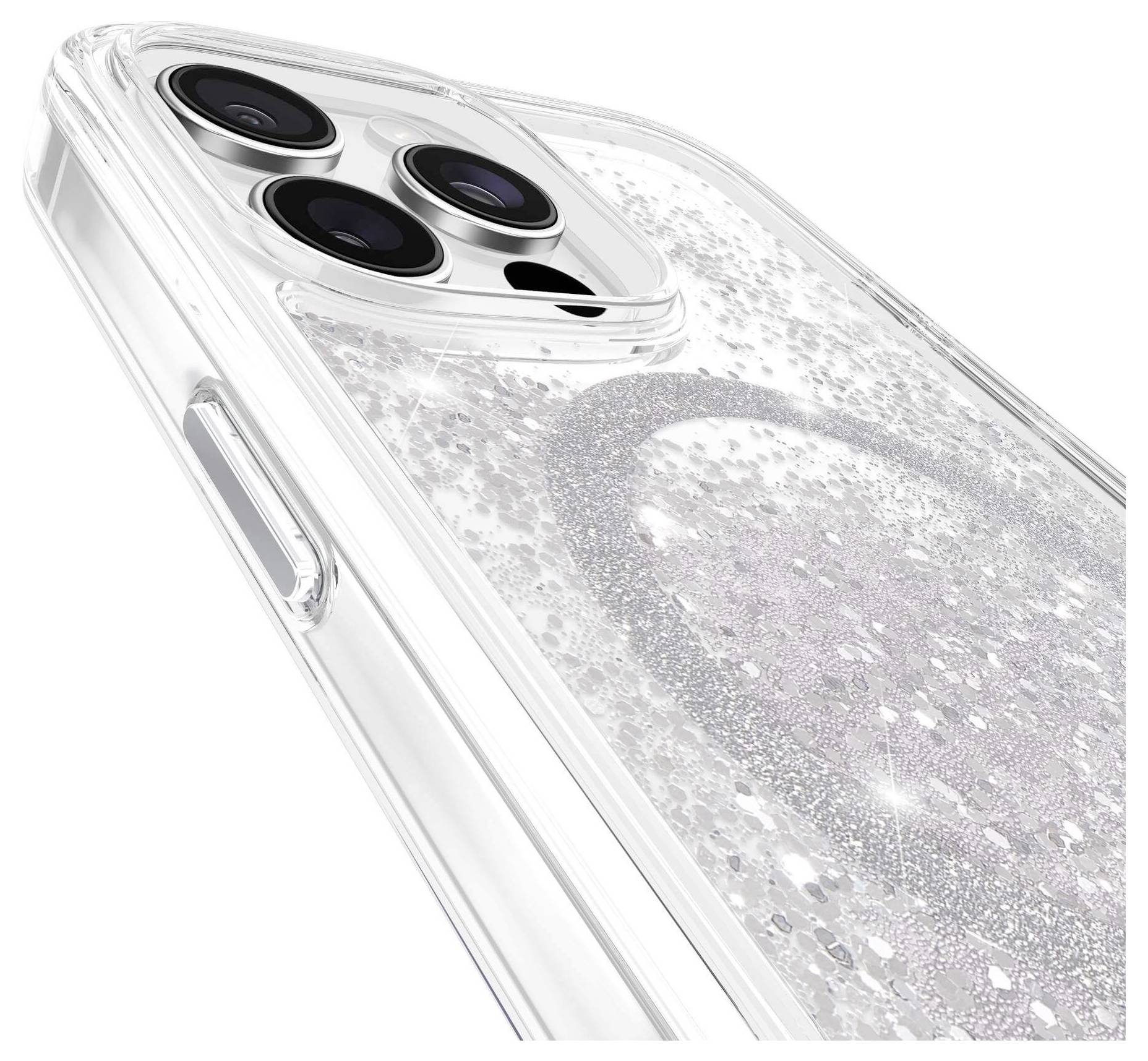 Nahaufnahme eines Smartphone-Covers mit Glitzer, drei Kameralinsen sichtbar.