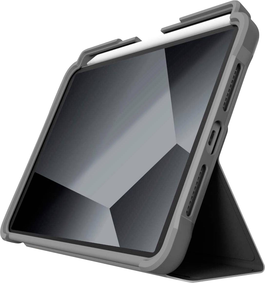 Tablet mit integriertem Ständer in grauer Hülle, aufgestellt in einem schrägen Winkel.