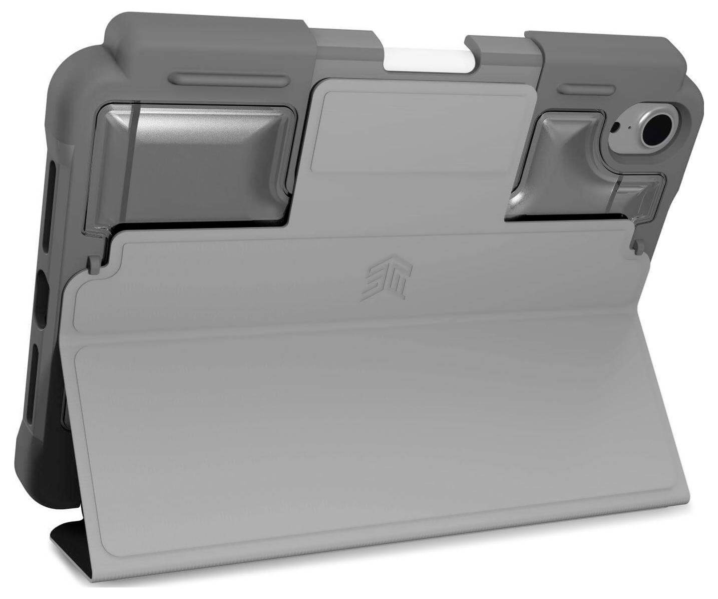 Eine graue Schutzhülle für ein Tablet mit Standfunktion, zeigt die Rückseite mit Kameraöffnung und geschütztem Rand.