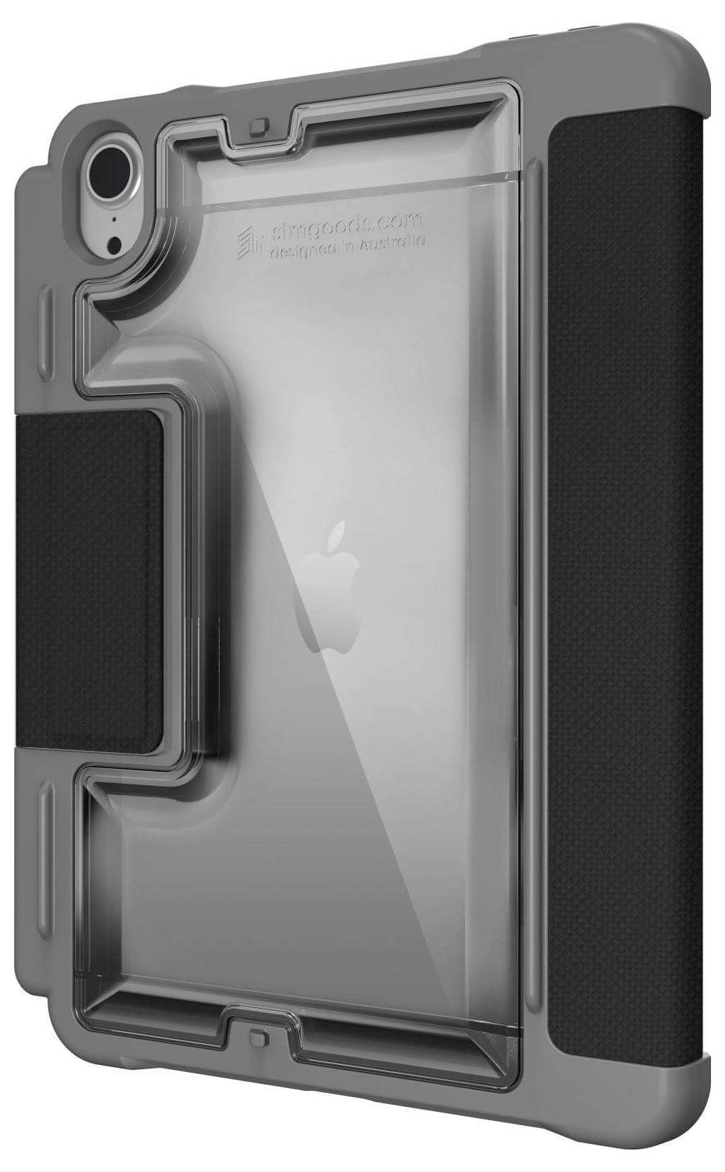 Eine durchsichtige Schutzhülle für ein iPad mit dunklen Rändern und einer Aussparung für die Kamera.