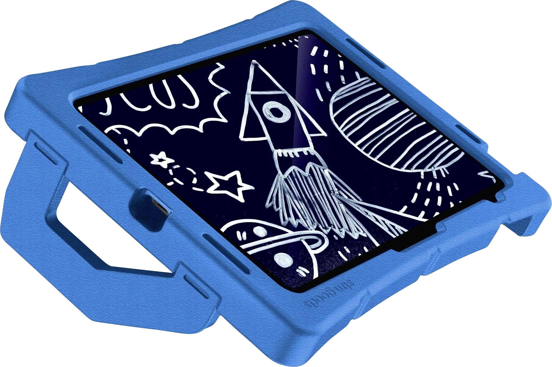 Blaues Kindertablet mit Schutzgehäuse, auf dessen Bildschirm eine kindliche Zeichnung einer Rakete im Weltraum zu sehen ist.