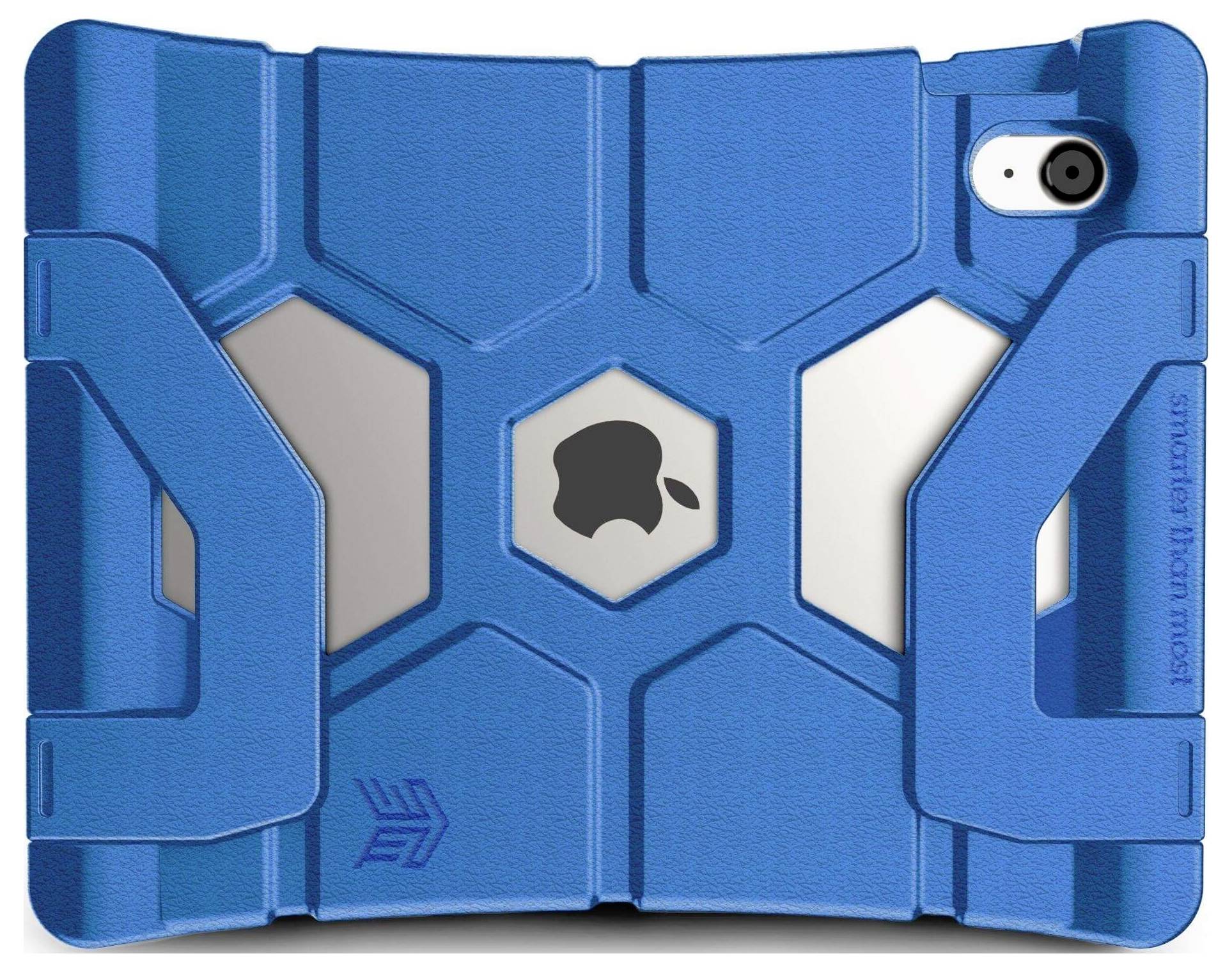 Ein iPad mit einem robusten blauen Schutzgehäuse. Die Hülle hat eine hexagonale Struktur mit Aussparung für das Apple-Logo.
