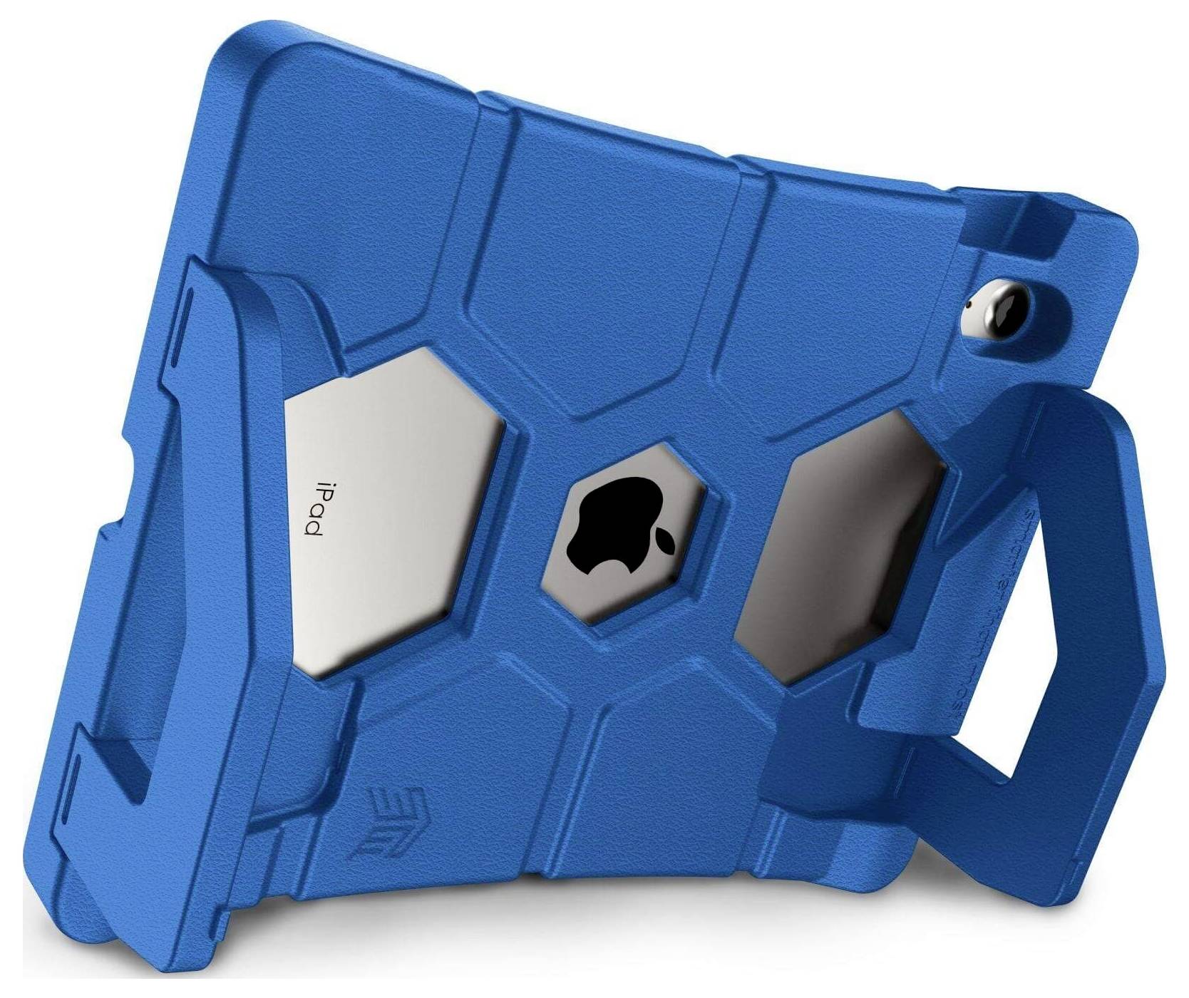 Blaues, robustes iPad-Case mit Ständer und Griff. Rückseite zeigt iPad-Kamera und Logo-Aussparungen.