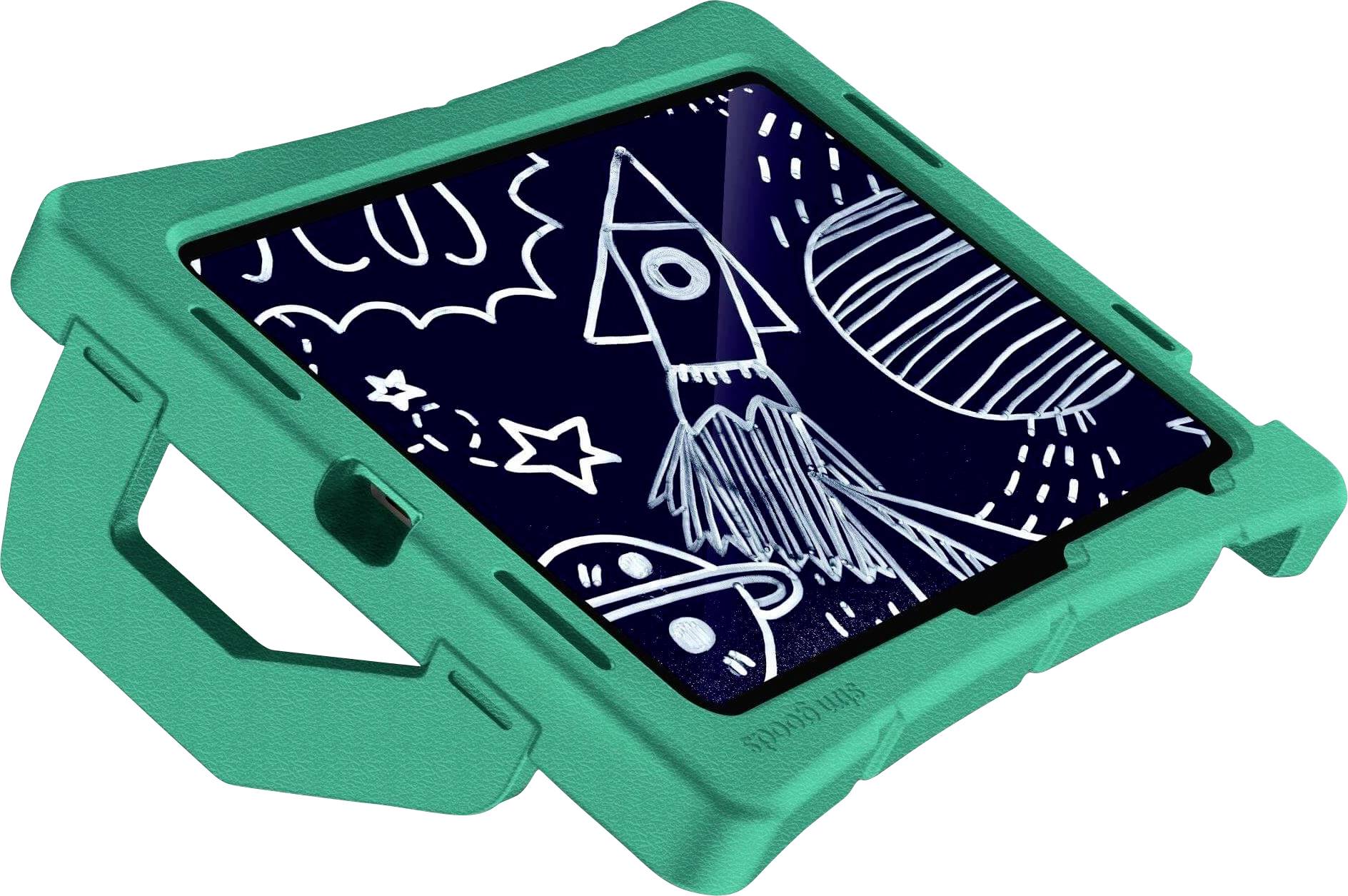 Ein Tablet in einer schützenden grünen Hülle zeigt eine Kinderzeichnung mit einer Rakete und Weltraumelementen auf dem Bildschirm.