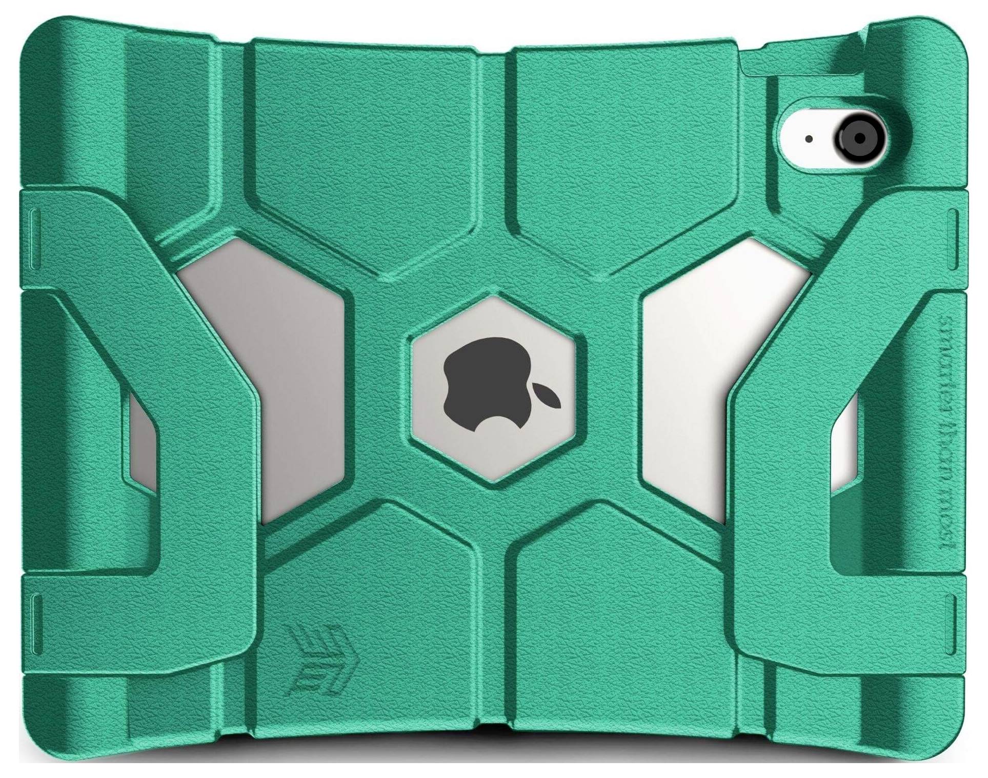 Grünes, robustes Tablet-Case mit sechseckigem Muster, sichtbarem Logo und Slogan 