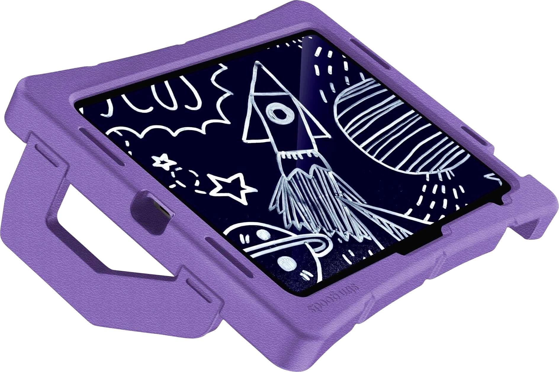 Ein Kinder-Tablet mit einem lilafarbenen Gehäuse zeigt eine Zeichnung von einer Rakete im Weltraum mit Planeten und Sternen.