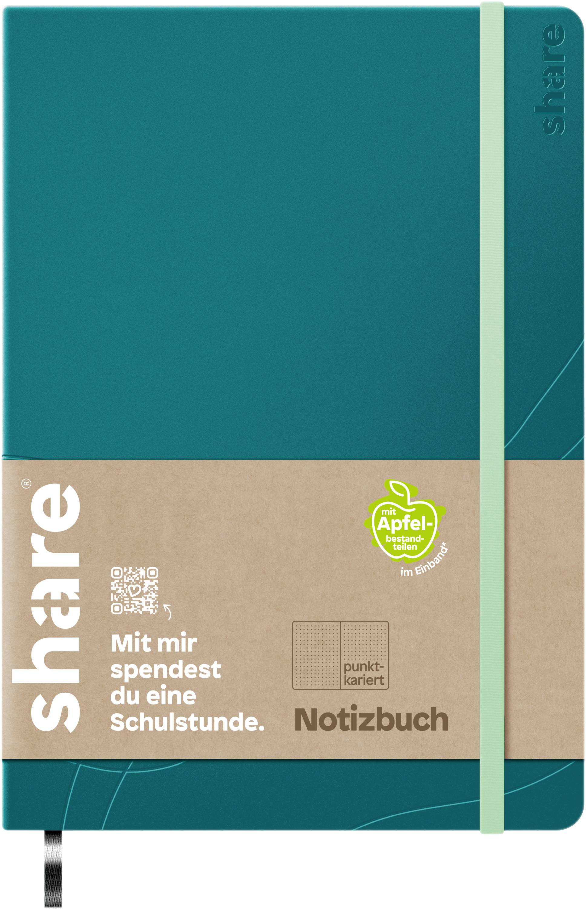 Grünes Notizbuch mit braunem Papierband. Aufschrift: 'Mit mir spendest du eine Schulstunde'. Marke 'share', punktkariert.