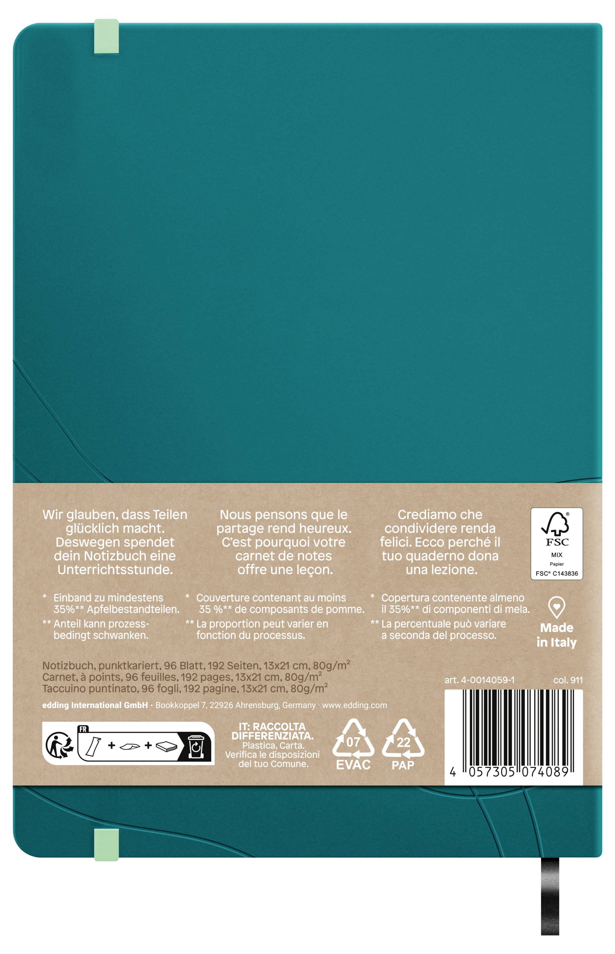 Rückseite eines Notizbuchs mit Text in mehreren Sprachen, das Nachhaltigkeit und das Teilen von Glück betont. Hergestellt in Italien.