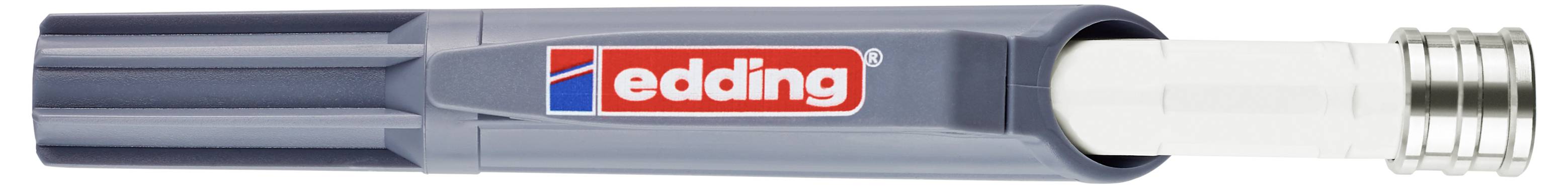 Grauer Edding-Marker mit weißer Kappe, horizontal auf weißem Hintergrund dargestellt.