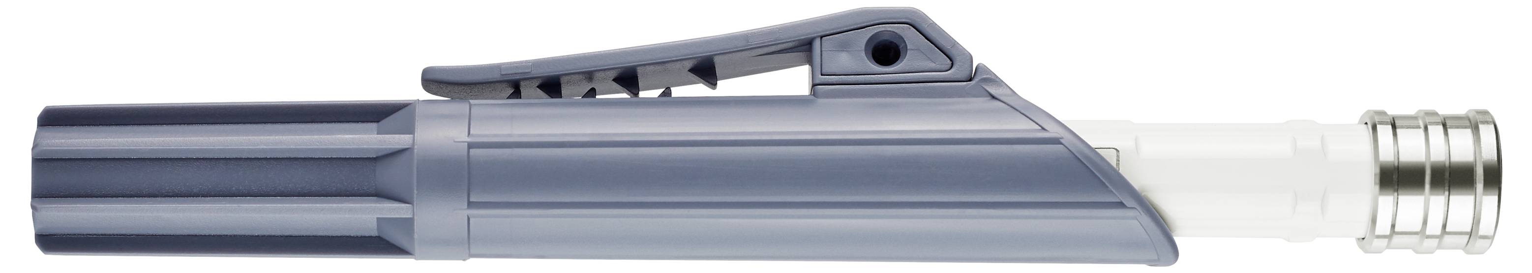 Ein blau-grauer Druckbleistift mit ausfahrbarer Metallspitze und durchsichtigem hinteren Griff auf weißem Hintergrund.