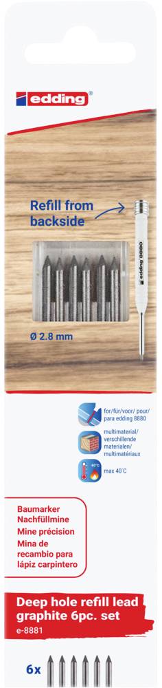 Verpackung eines edding Tieflochminen-Sets mit sechs Minen und einer Halterung. 'Refill from backside' und '0,26 mm'.