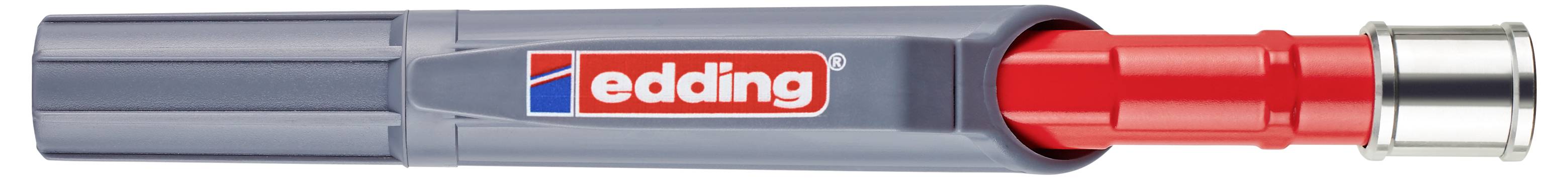 Ein grau-roter edding-Markerstift mit dem edding-Logo auf dem Schaft und einer silbernen Kappe am Ende.