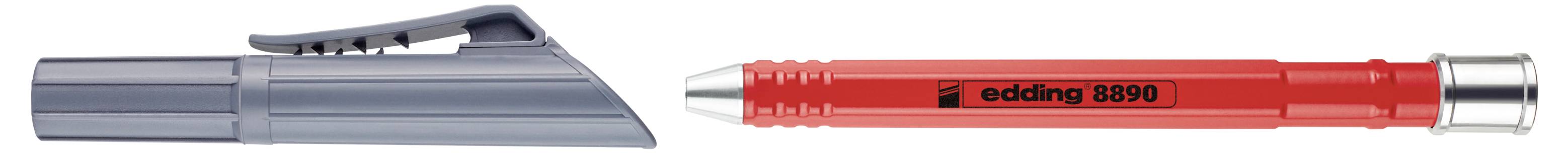 Roter Stift mit abnehmbarer grauer Kappe, dargestellt in zwei Ansichten zur Veranschaulichung der mit Kappe versehenen und ohne Kappe versehenen Enden.
