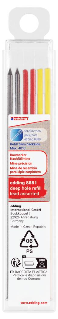 Eine Packung edding 8851 Ersatzminen in verschiedenen Farben: rot, gelb, grau. Enthält sechs Minen.