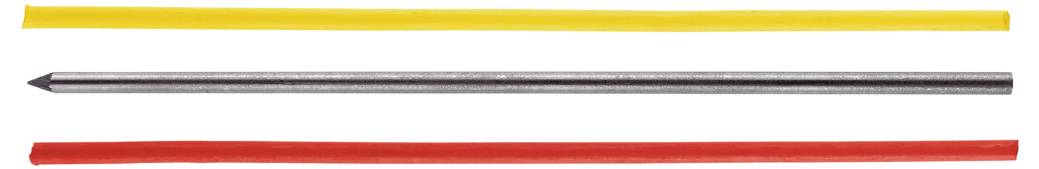 Drei Bleistifte nebeneinander: gelb, rot und grau mit einer Metallspitze.