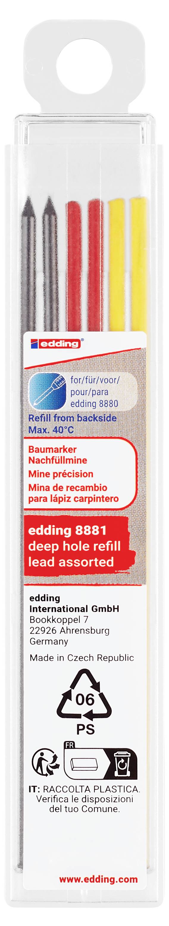 Nahaufnahme einer Edding-Nachfüllpackung mit sechs farbigen Nachfüllungen, mit Text „für rec/Nachfüllstifte backslide", „Nachfüllbox 4x" und Recycling-Symbolen.